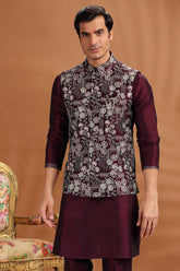 Wine Purple Silk Sequin Embroidered Kurta Pajama with Jacket